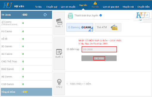 Nạp/Rút tiền trên website Ku Casino Nạp/Rút tiền trên website Ku Casino